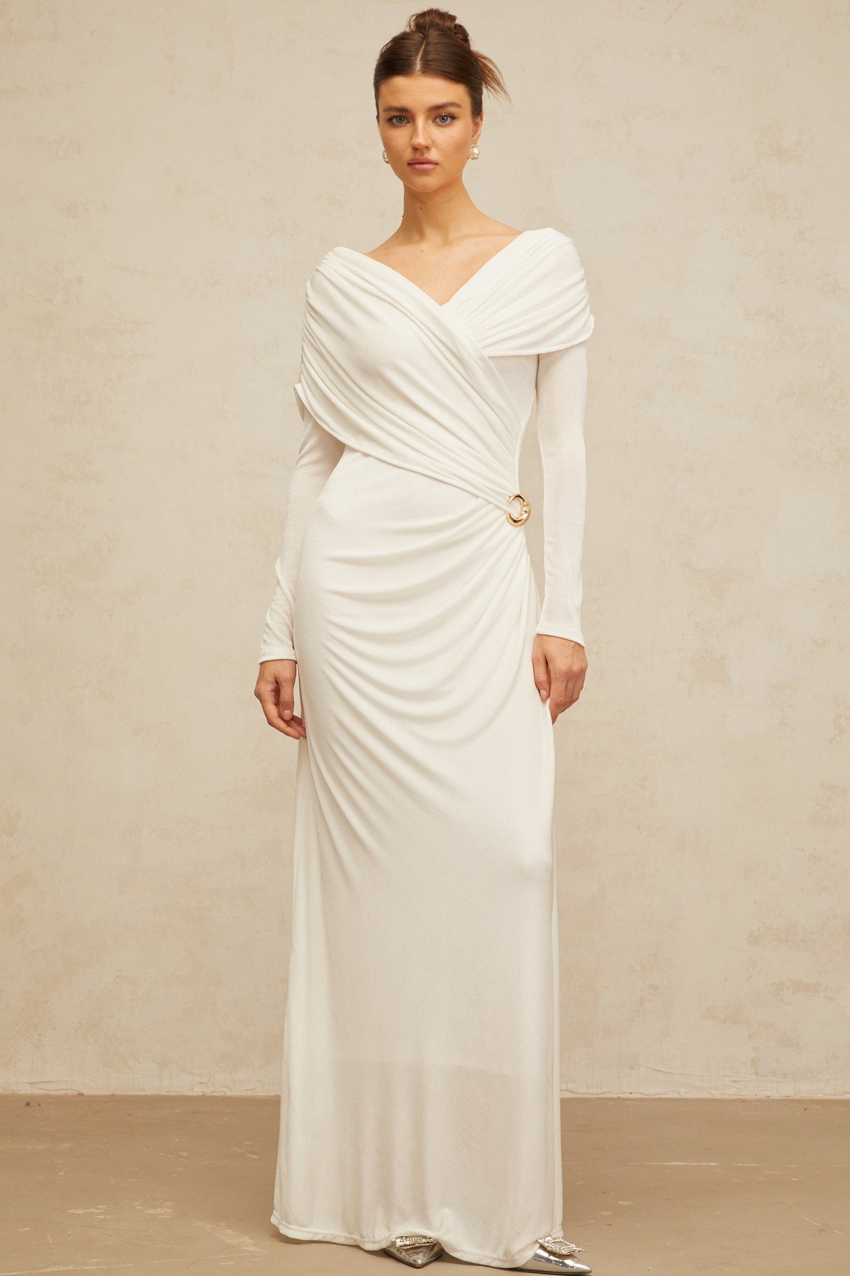 Aurohaya Hélène ruched fitted stretch maxi dress in White