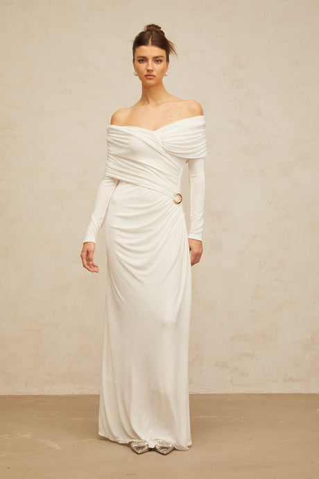 Aurohaya Hélène ruched fitted stretch maxi dress in White
