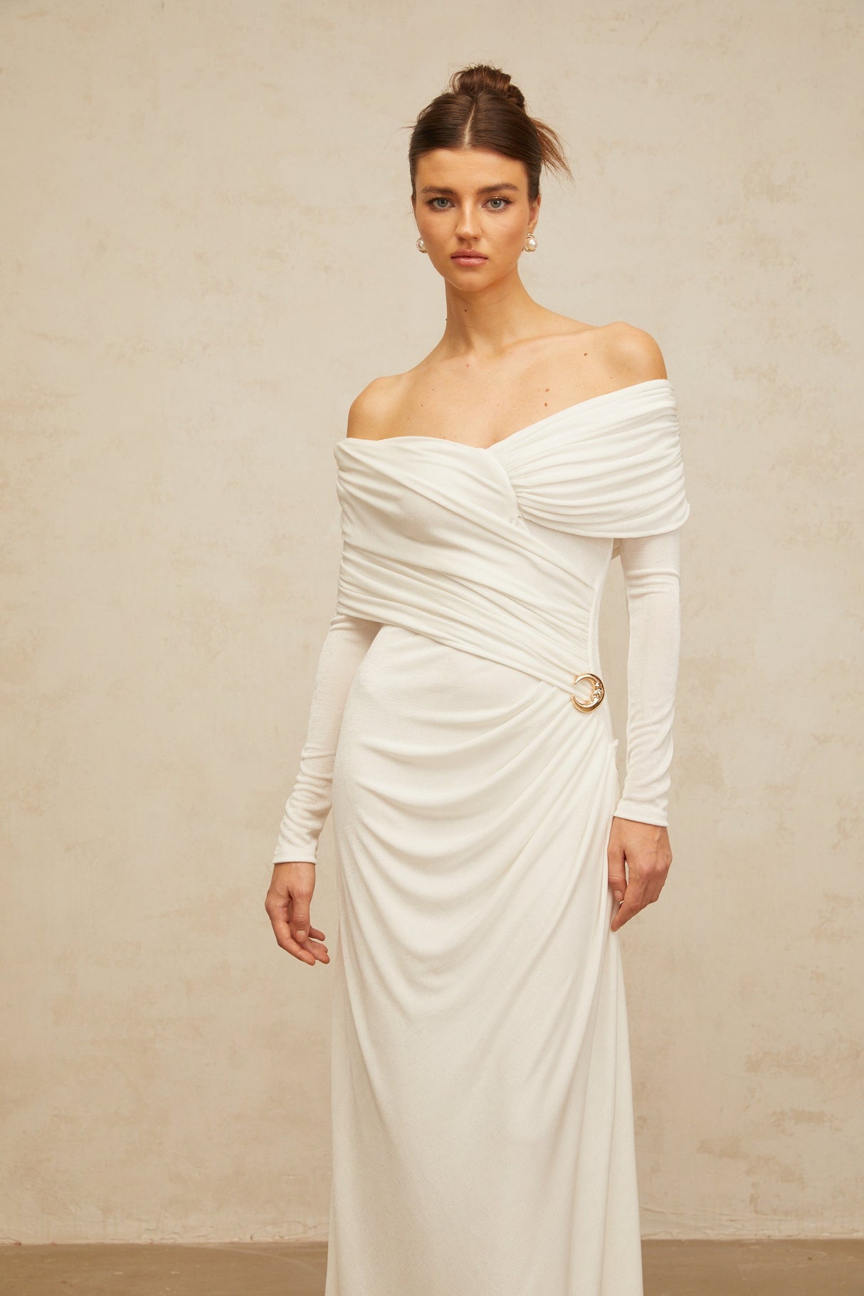 Aurohaya Hélène ruched fitted stretch maxi dress in White