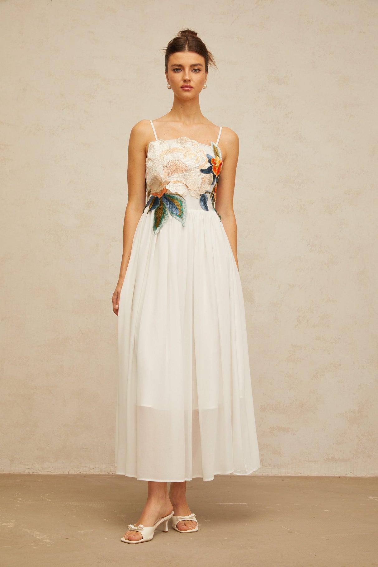 Aurohaya Josette floral-embroidered shirred maxi dress in White