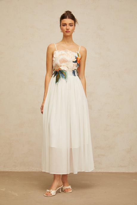 Aurohaya Josette floral-embroidered shirred maxi dress in White