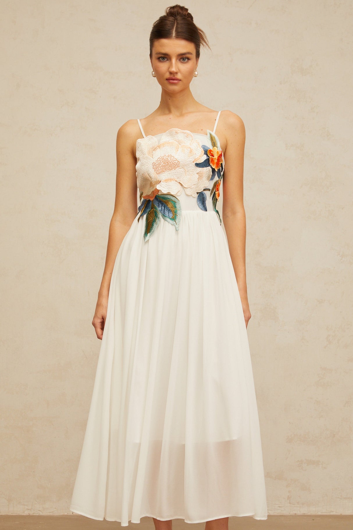 Aurohaya Josette floral-embroidered shirred maxi dress in White