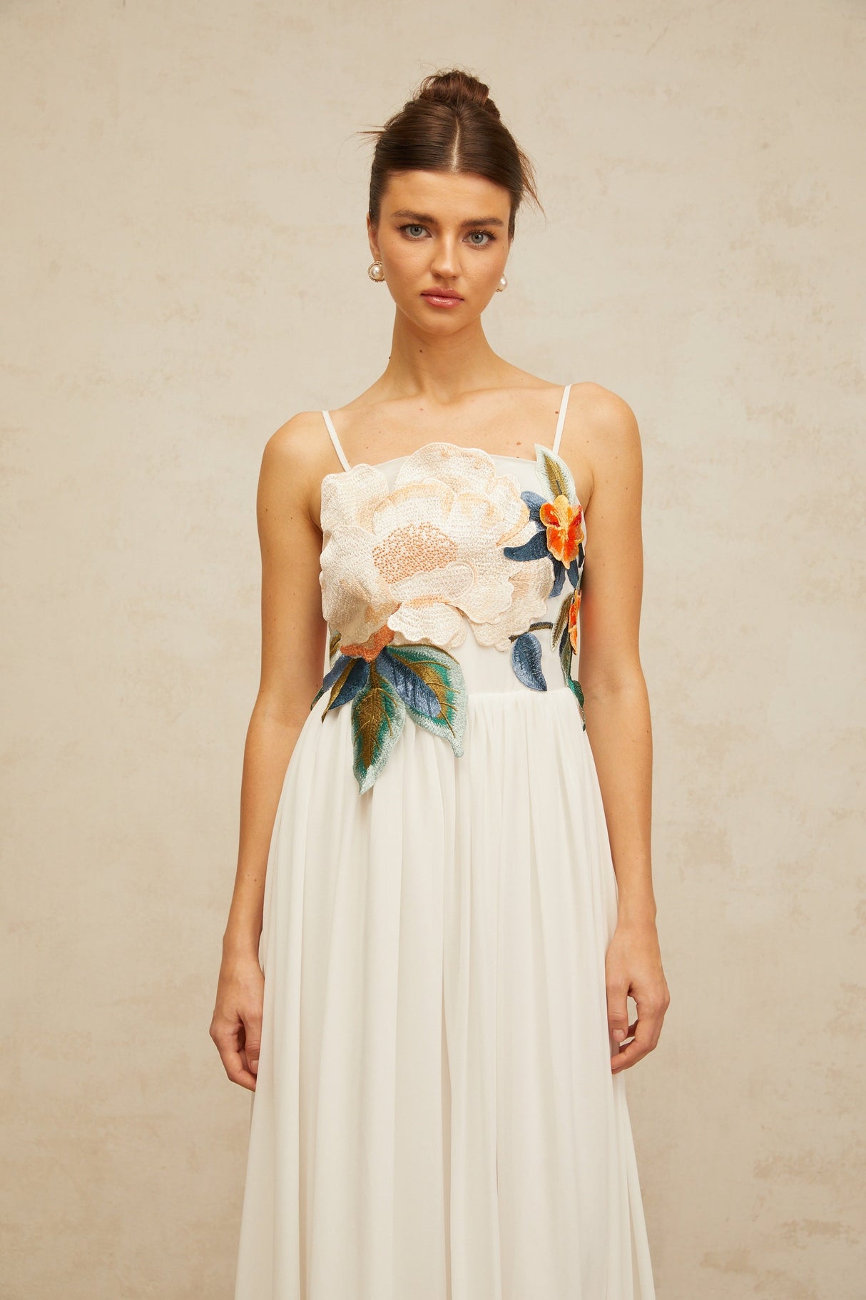 Aurohaya Josette floral-embroidered shirred maxi dress in White