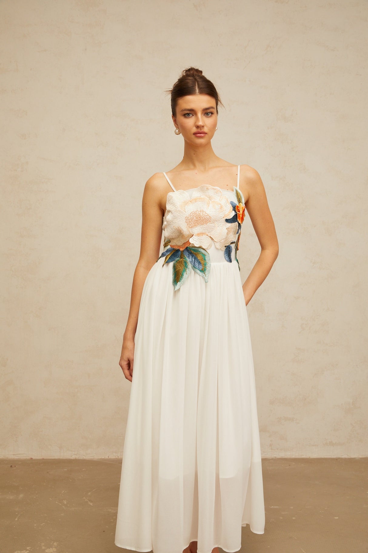 Aurohaya Josette floral-embroidered shirred maxi dress in White
