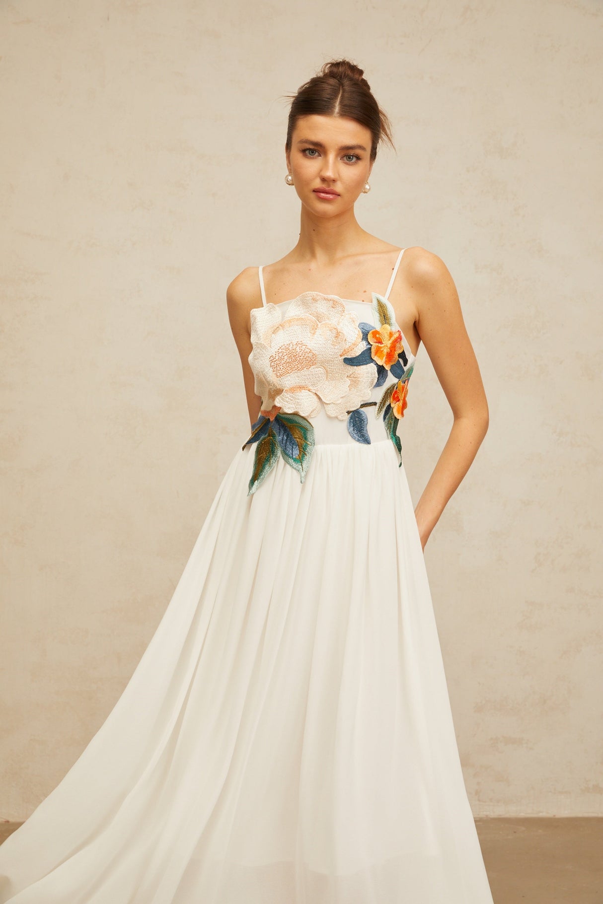 Aurohaya Josette floral-embroidered shirred maxi dress in White