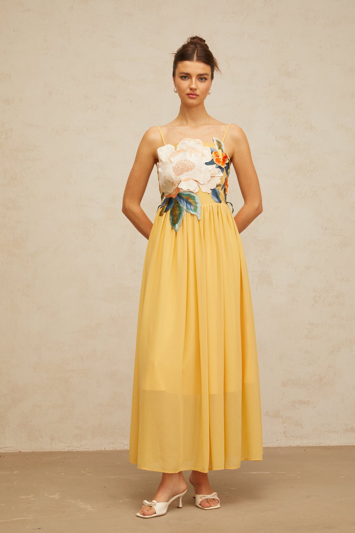Aurohaya Josette floral-embroidered shirred maxi dress in Yellow