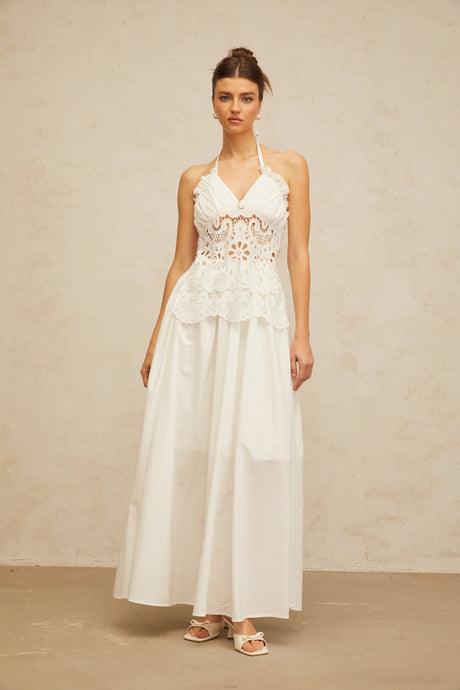 Aurohaya Bérénice white cut-out floral-embroidered shirred maxi dress