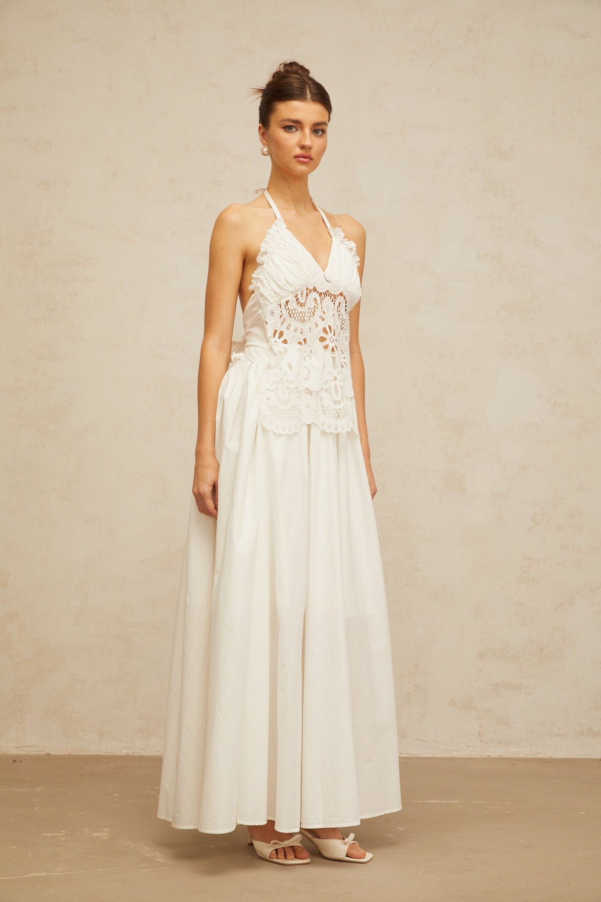 Aurohaya Bérénice white cut-out floral-embroidered shirred maxi dress