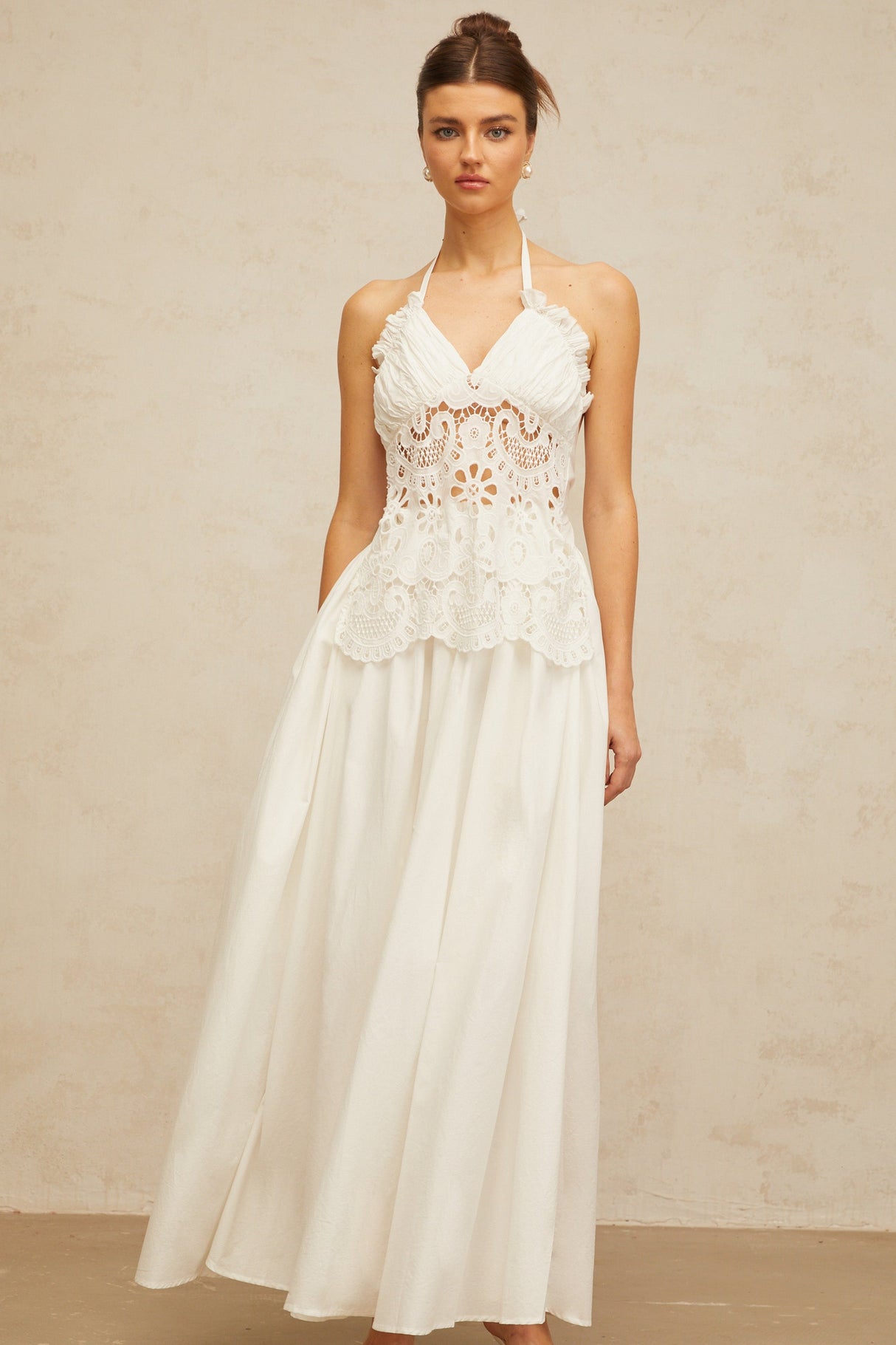 Aurohaya Bérénice white cut-out floral-embroidered shirred maxi dress