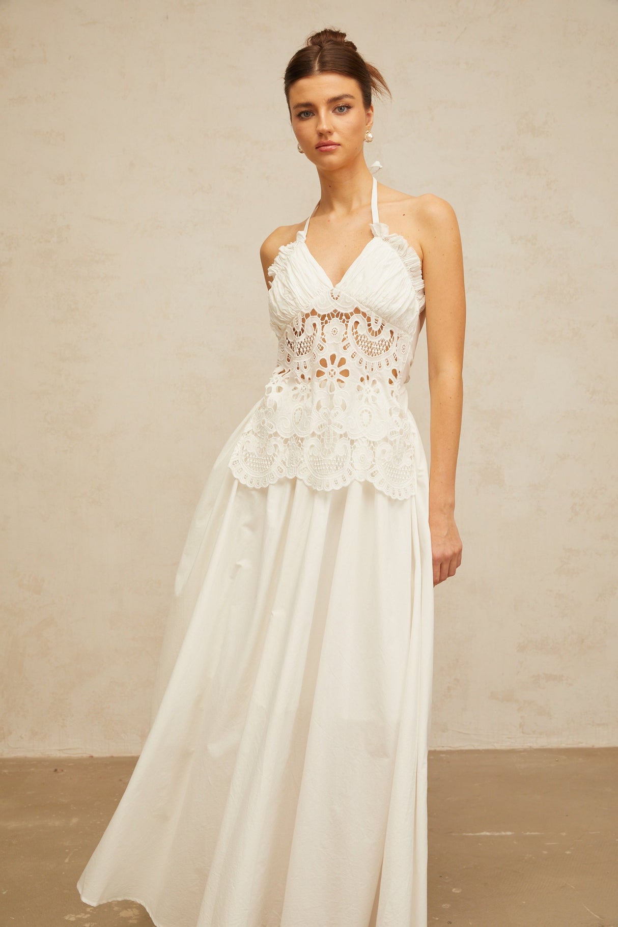 Aurohaya Bérénice white cut-out floral-embroidered shirred maxi dress