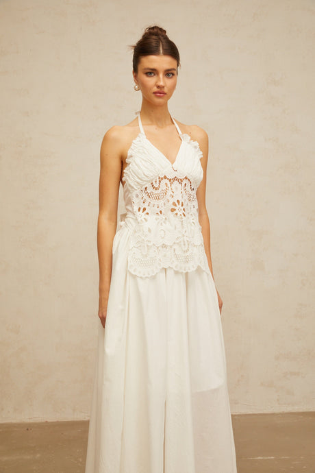 Aurohaya Bérénice white cut-out floral-embroidered shirred maxi dress