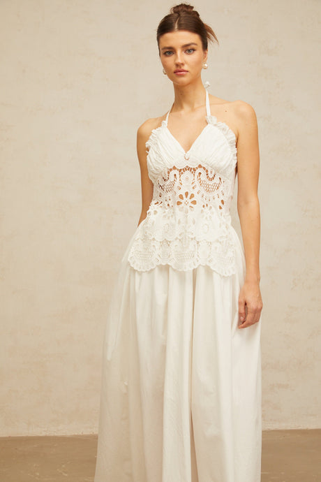 Aurohaya Bérénice white cut-out floral-embroidered shirred maxi dress