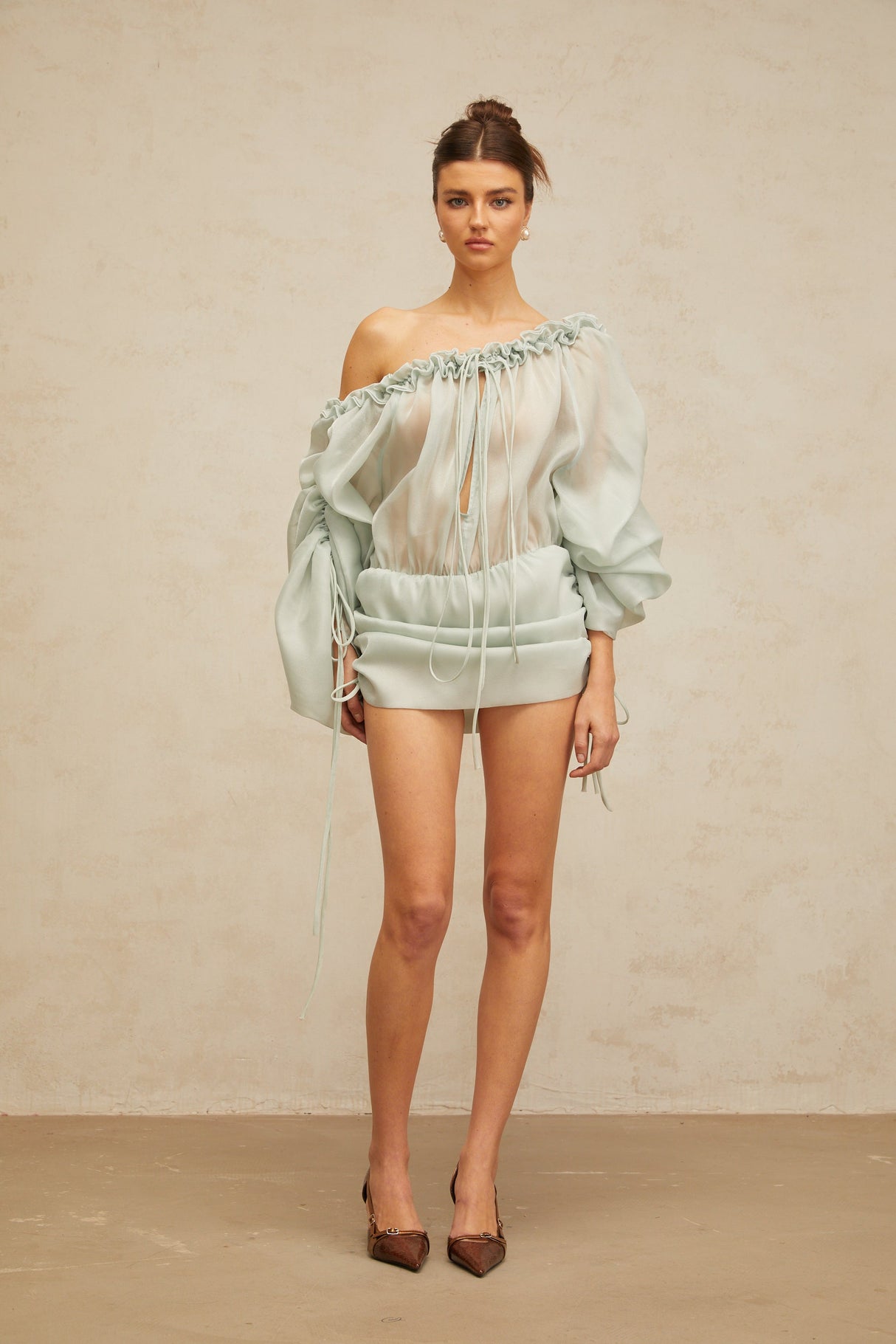 Aurohaya Béryl light-green ruffled-trim ruched mini dress