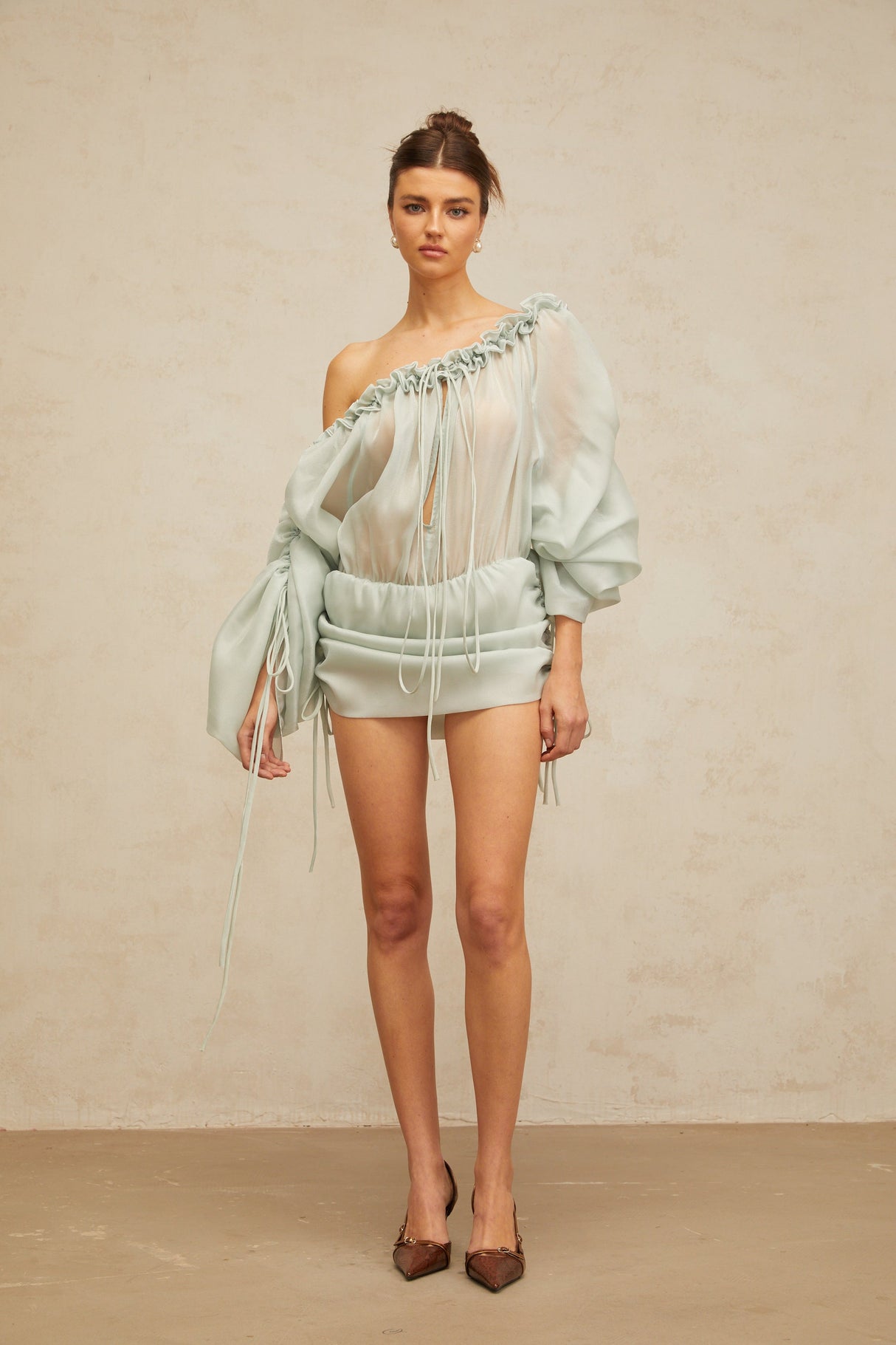 Aurohaya Béryl light-green ruffled-trim ruched mini dress