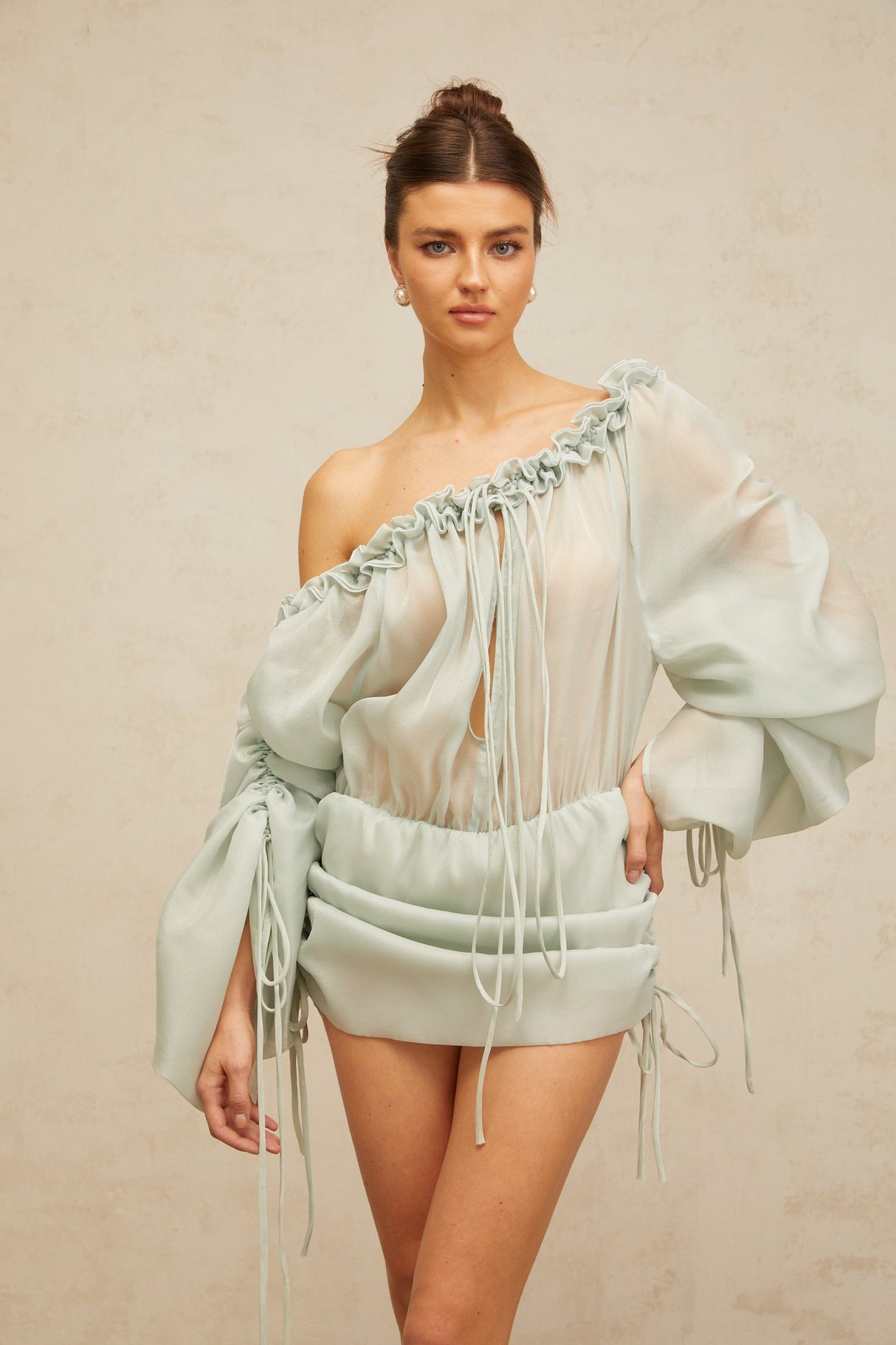Aurohaya Béryl light-green ruffled-trim ruched mini dress
