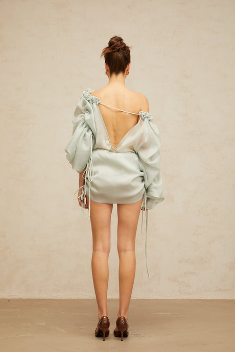 Aurohaya Béryl light-green ruffled-trim ruched mini dress