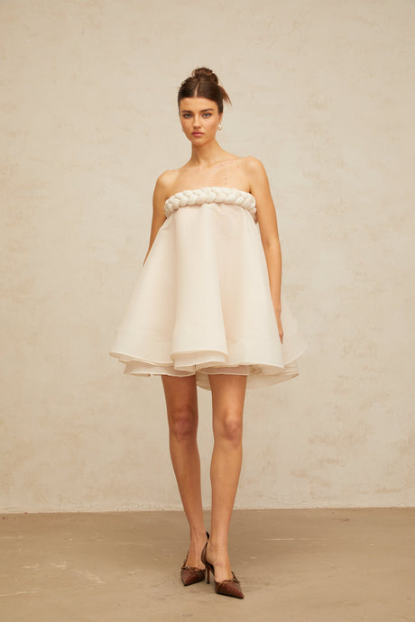 Aurohaya Violette white braid-detail puff mini dress