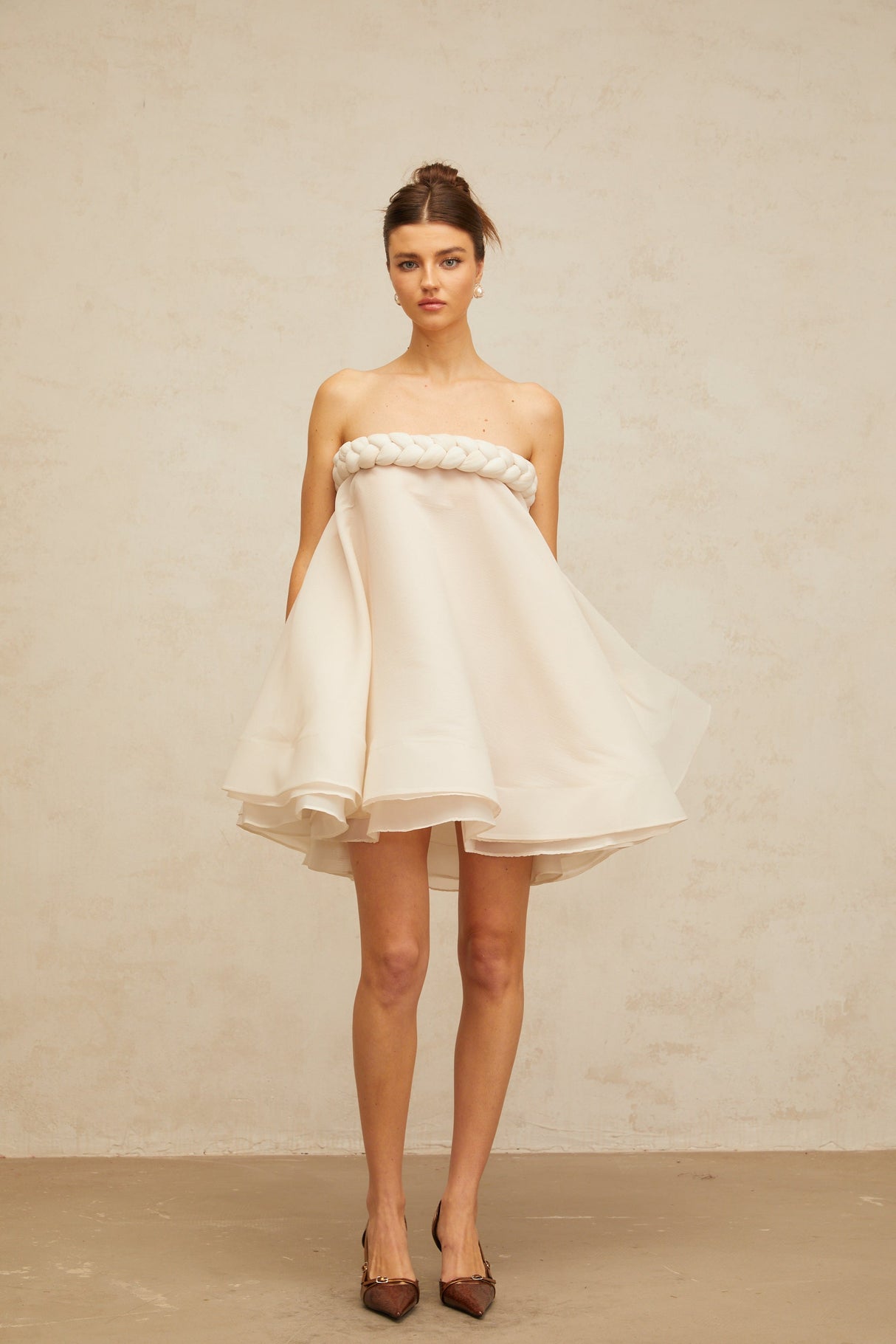Aurohaya Violette white braid-detail puff mini dress