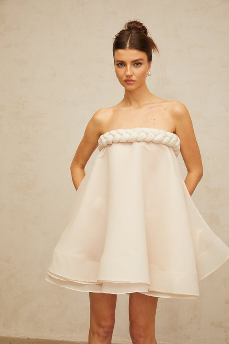 Aurohaya Violette white braid-detail puff mini dress