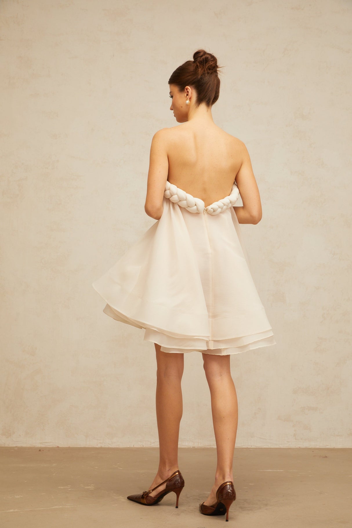 Aurohaya Violette white braid-detail puff mini dress
