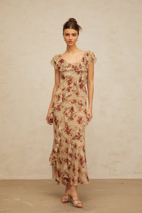 Aurohaya Déotille ruffled floral-print flared maxi dress