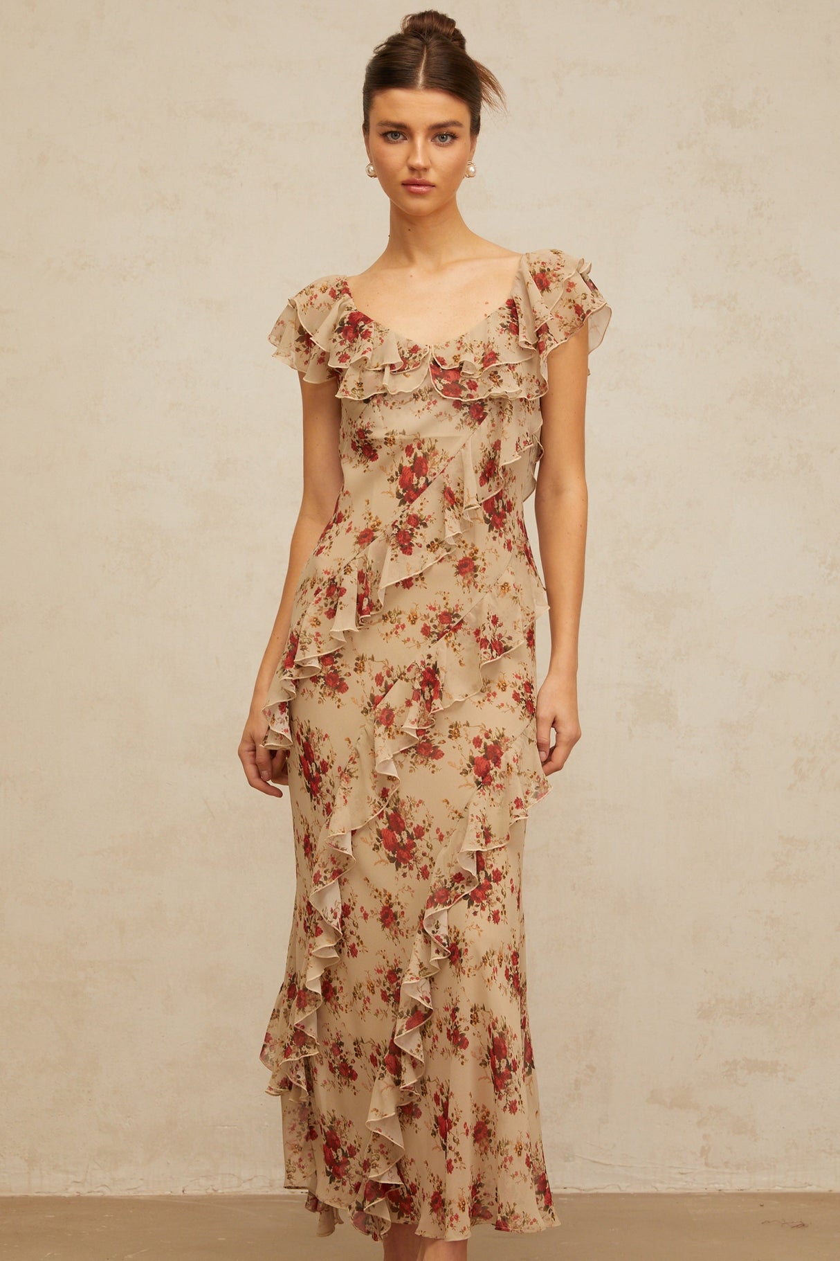 Aurohaya Déotille ruffled floral-print flared maxi dress