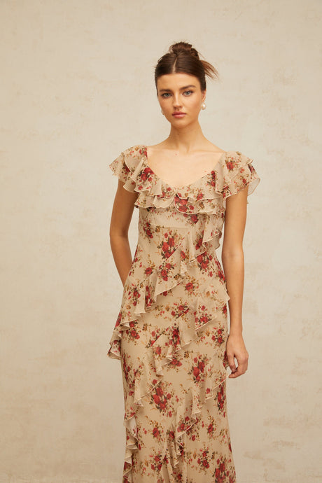 Aurohaya Déotille ruffled floral-print flared maxi dress