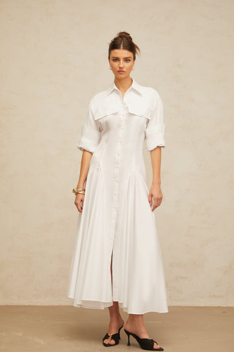 Aurohaya Dulcie white front-slit shirred shirt dress