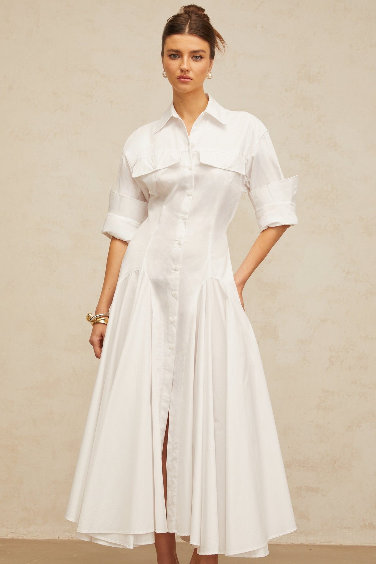 Aurohaya Dulcie white front-slit shirred shirt dress