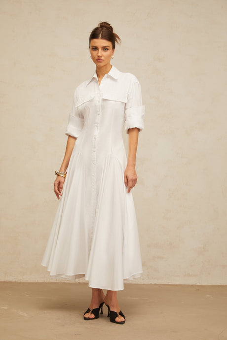 Aurohaya Dulcie white front-slit shirred shirt dress