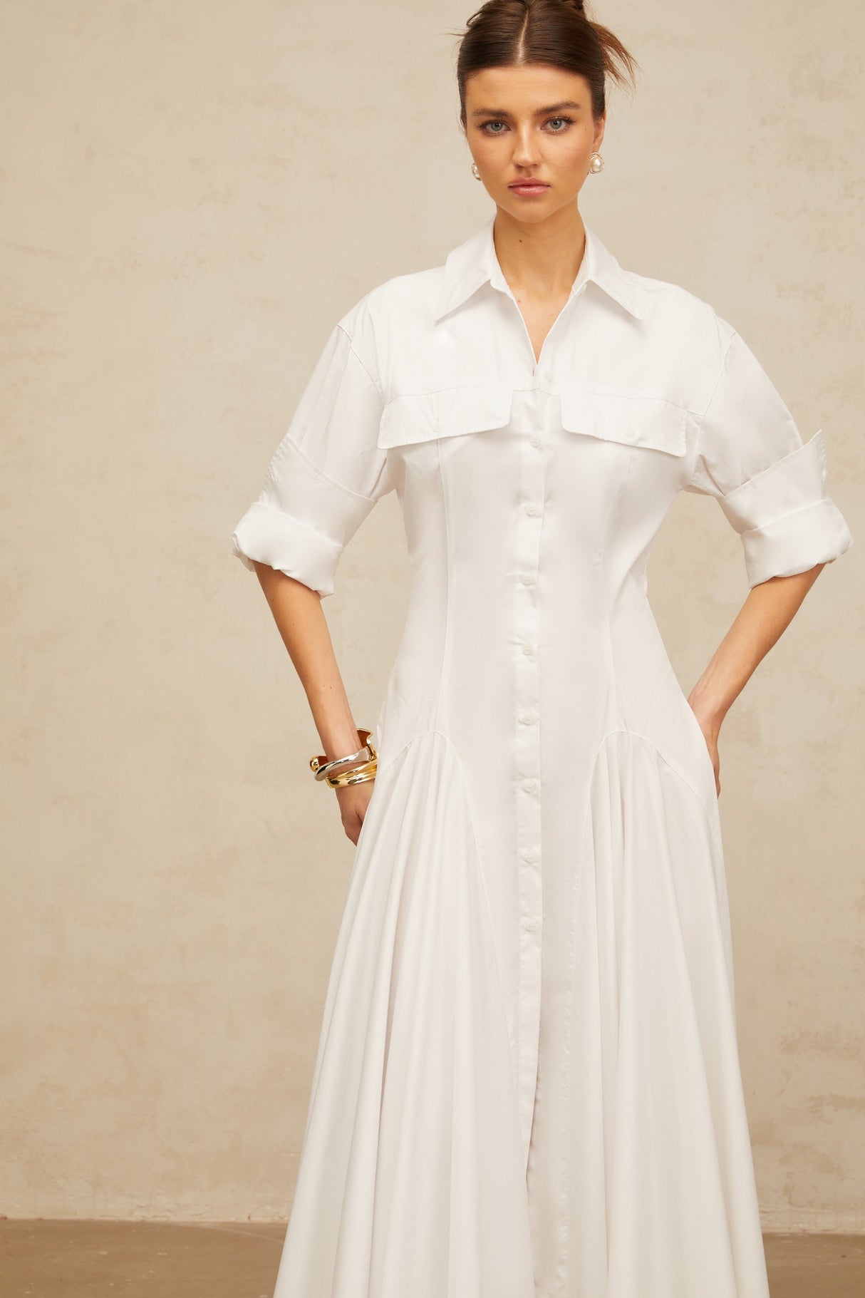 Aurohaya Dulcie white front-slit shirred shirt dress