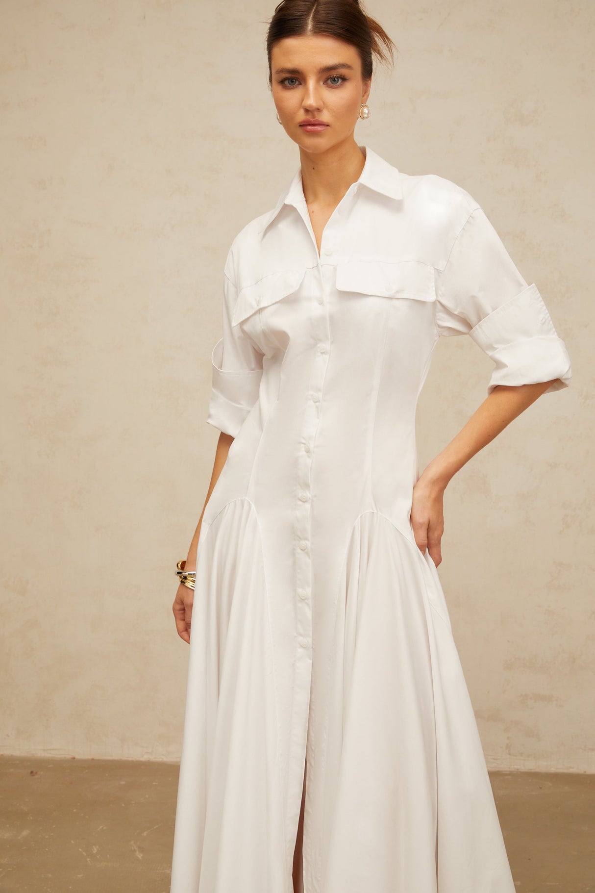 Aurohaya Dulcie white front-slit shirred shirt dress