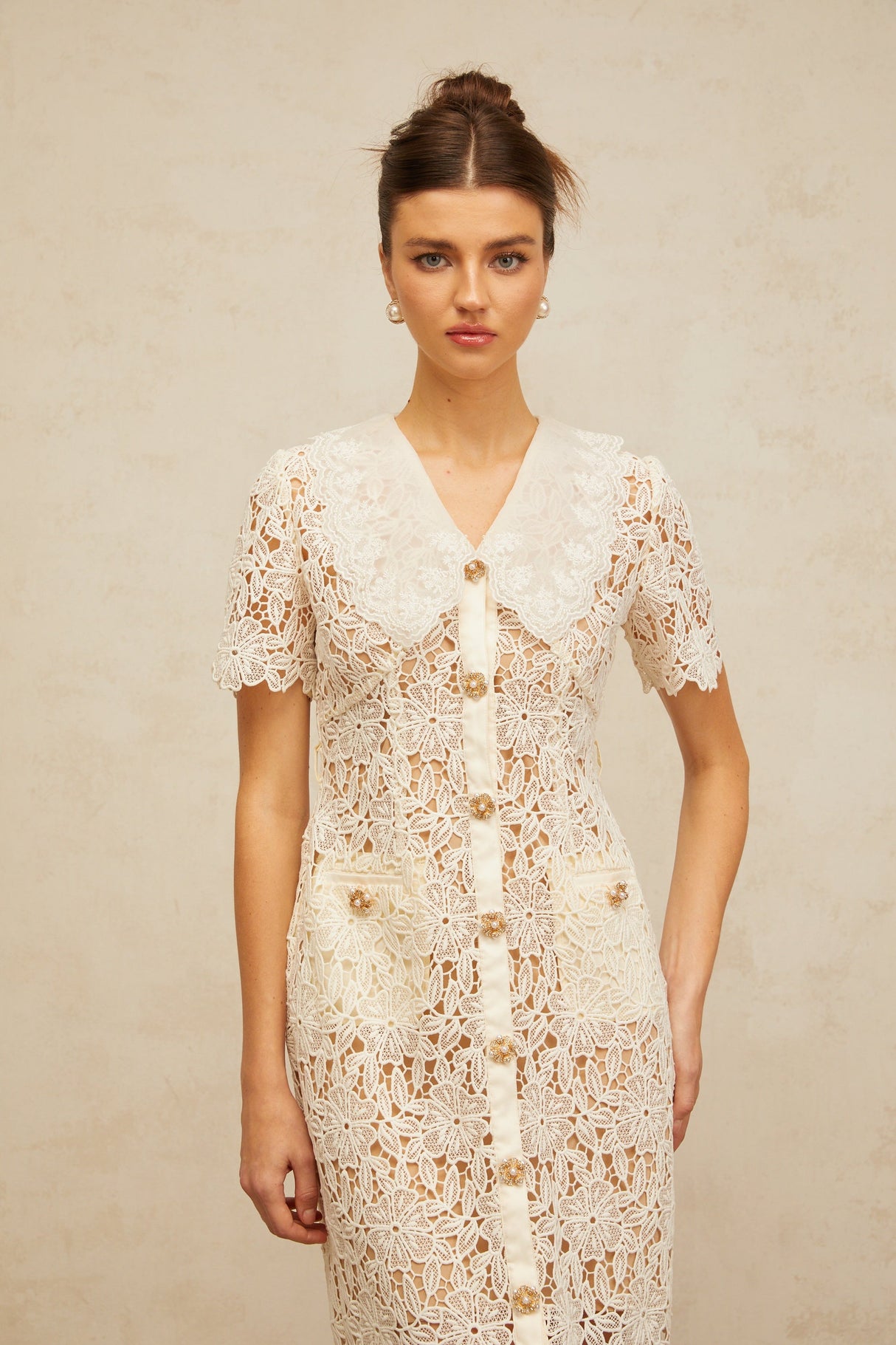 Aurohaya Sophie off-white corded-lace midi dress