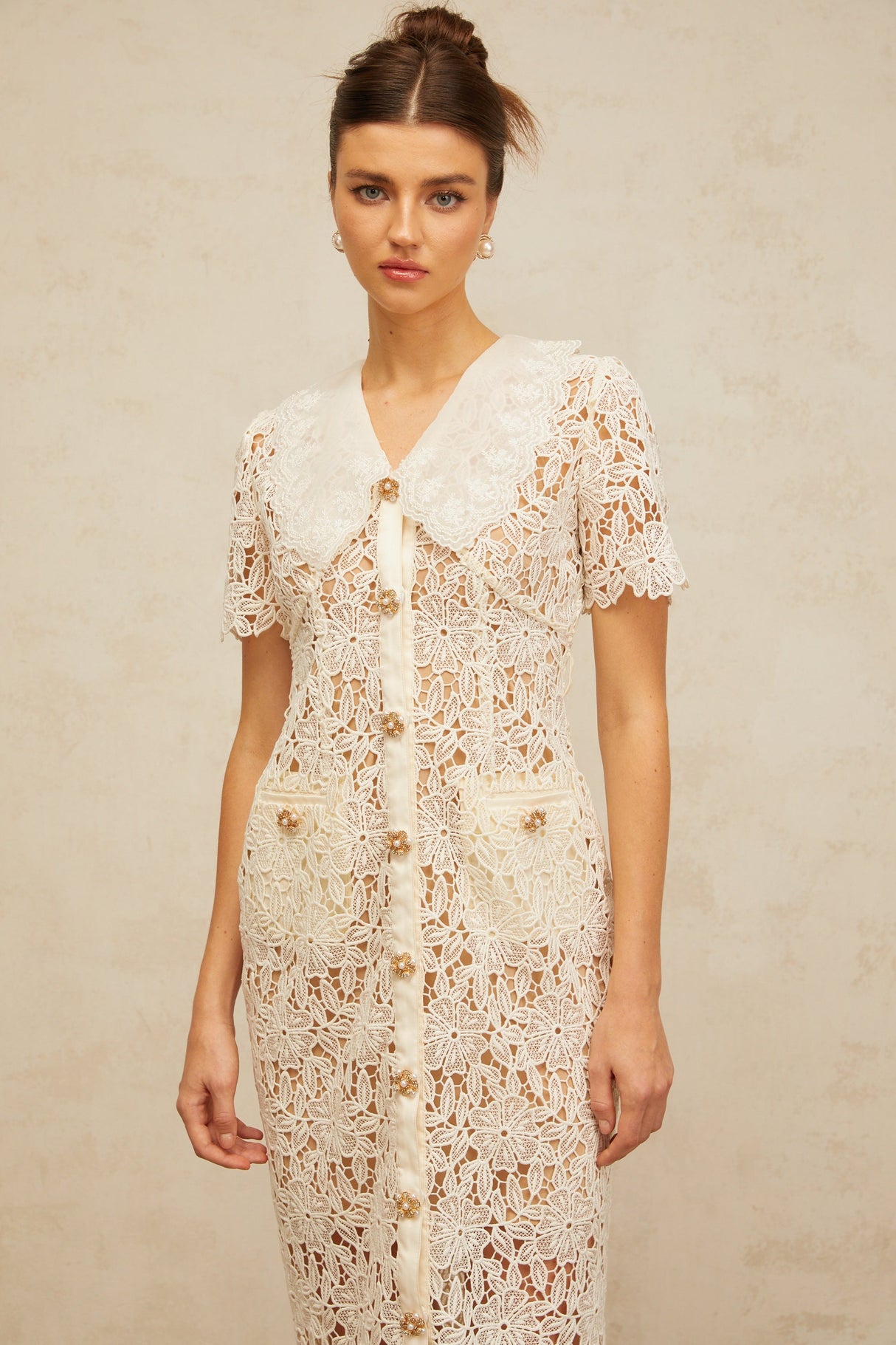 Aurohaya Sophie off-white corded-lace midi dress