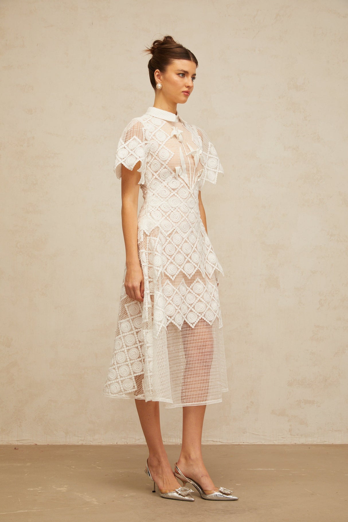 Aurohaya Yasmine White Floral-embroidered Midi Dress