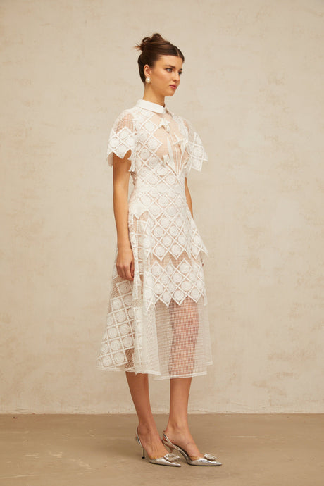 Aurohaya Yasmine White Floral-embroidered Midi Dress