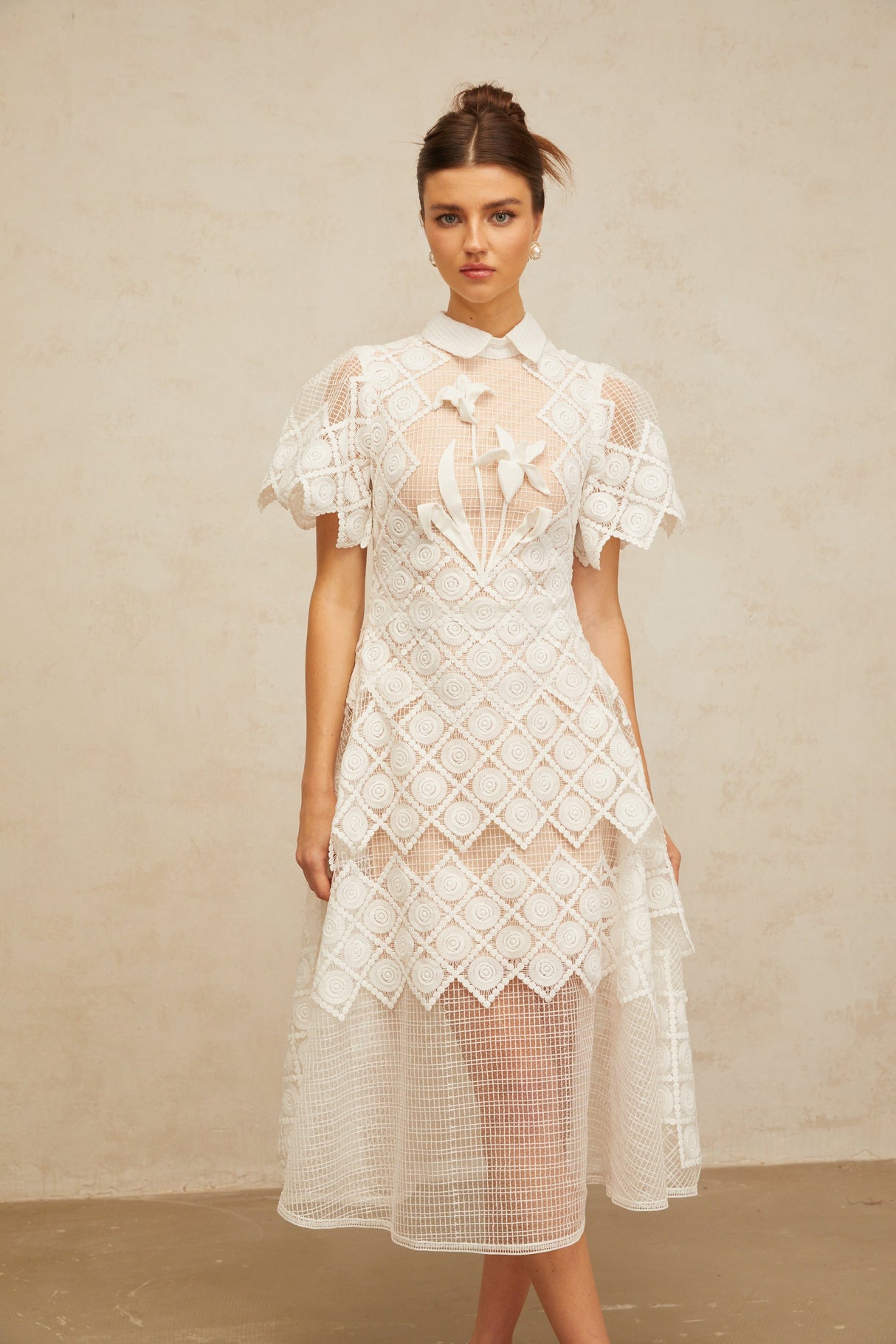 Aurohaya Yasmine White Floral-embroidered Midi Dress
