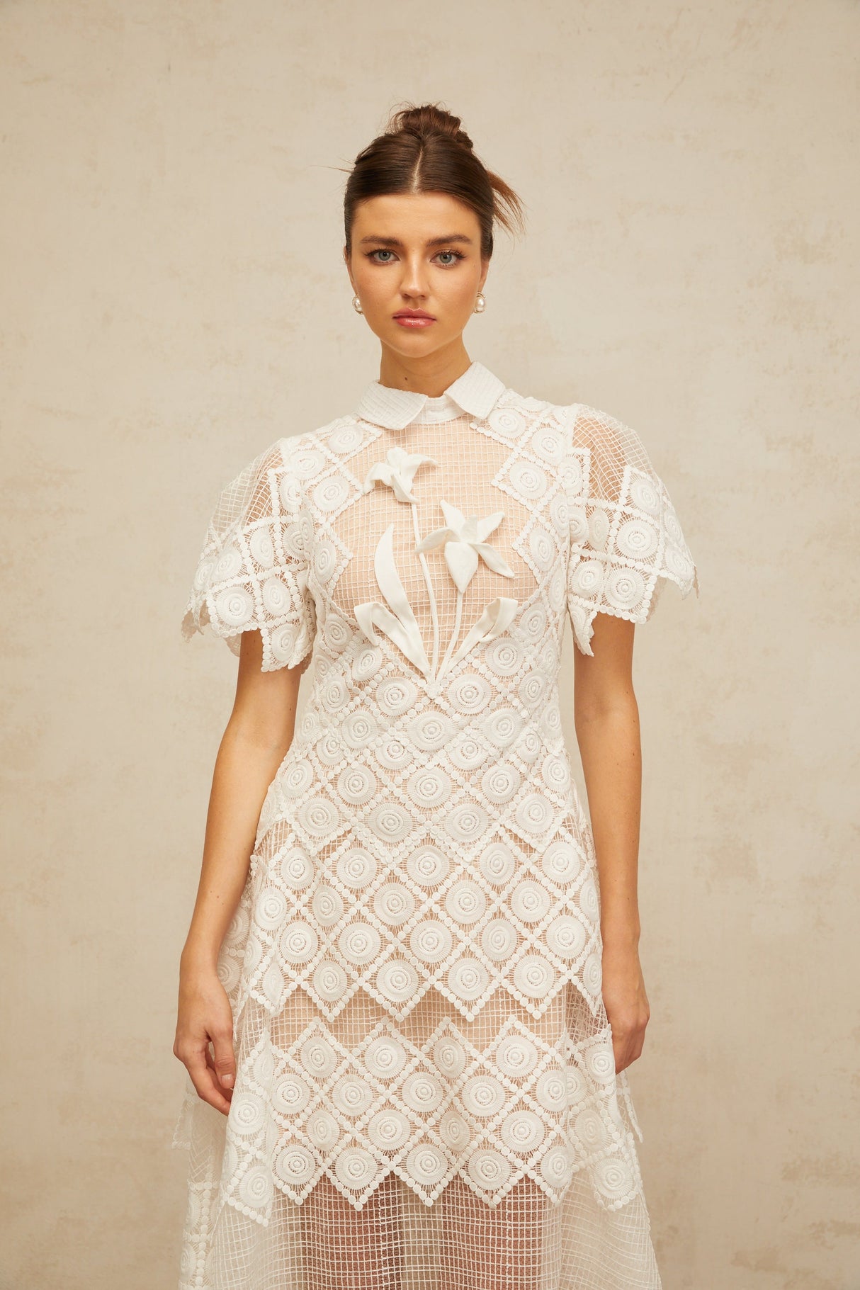 Aurohaya Yasmine White Floral-embroidered Midi Dress