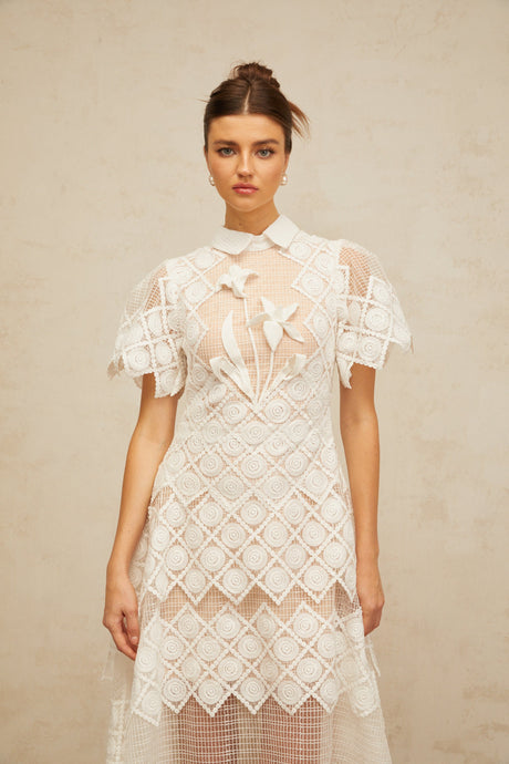 Aurohaya Yasmine White Floral-embroidered Midi Dress
