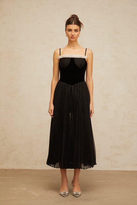 Aurohaya Clémence black velvet-panel pleated midi dress