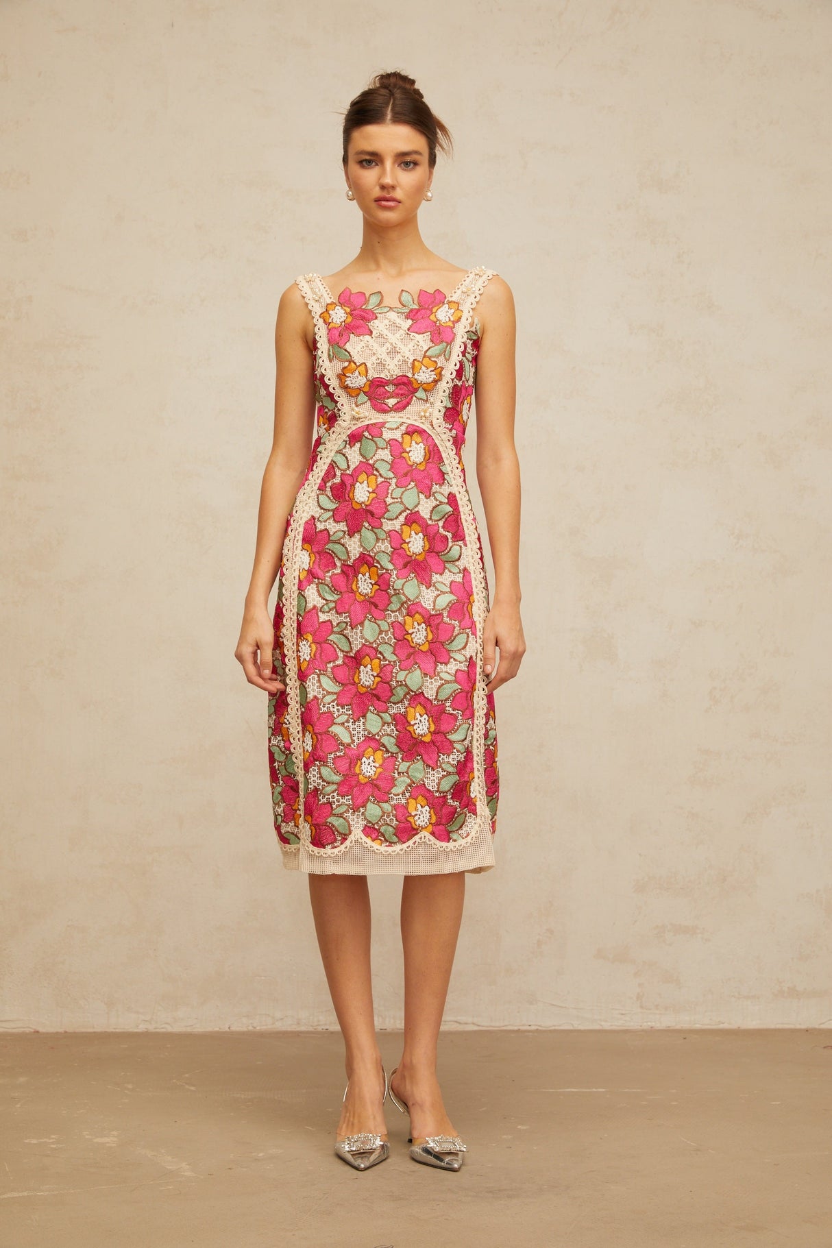 Aurohaya Nalini rose-pink braided floral-embroidered midi dress