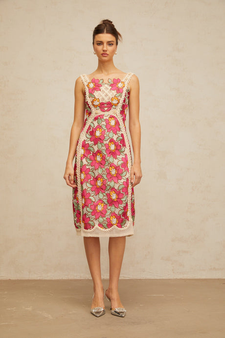 Aurohaya Nalini rose-pink braided floral-embroidered midi dress