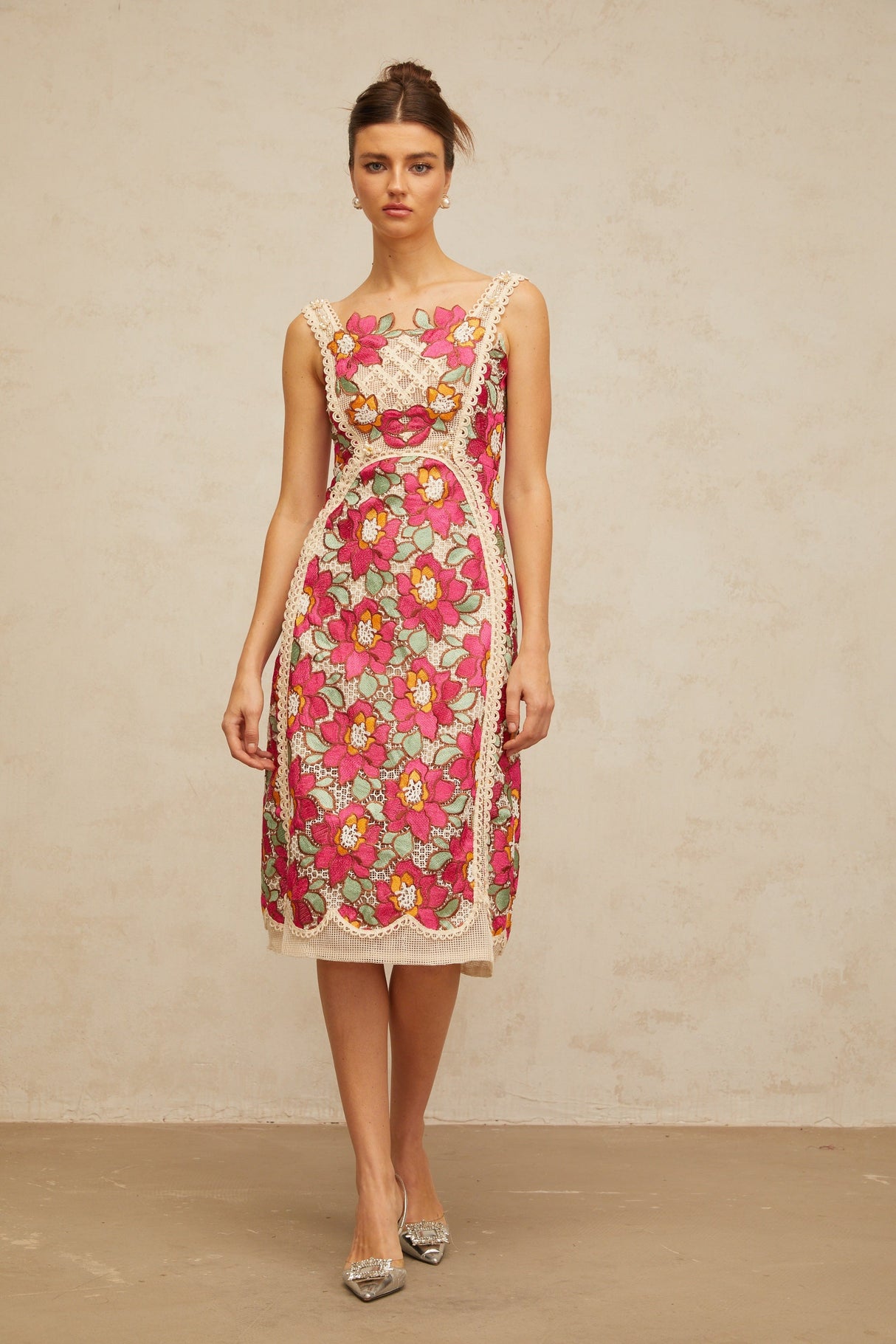 Aurohaya Nalini rose-pink braided floral-embroidered midi dress