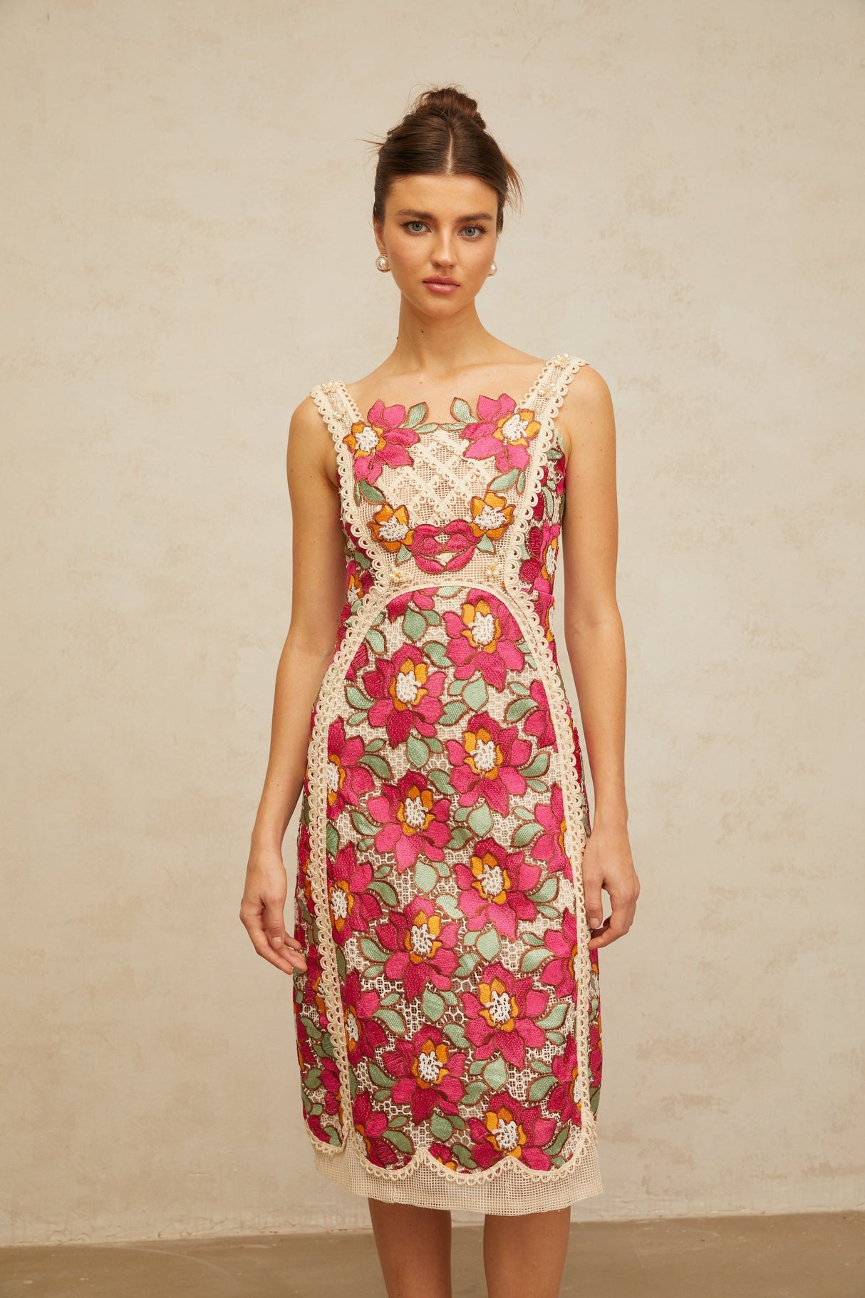 Aurohaya Nalini rose-pink braided floral-embroidered midi dress