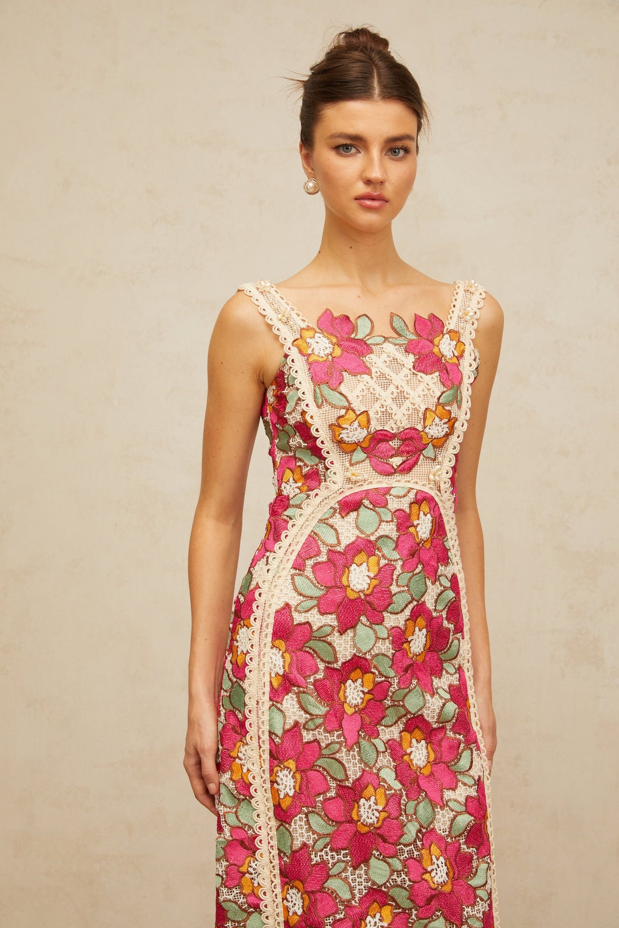 Aurohaya Nalini rose-pink braided floral-embroidered midi dress