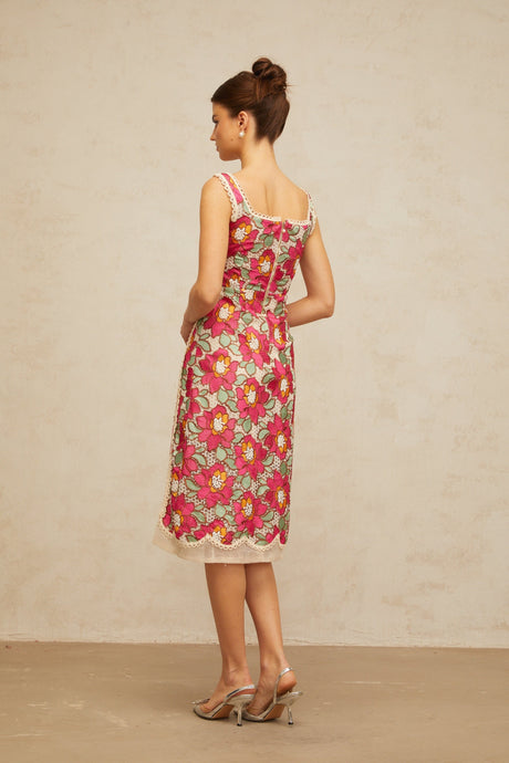 Aurohaya Nalini rose-pink braided floral-embroidered midi dress