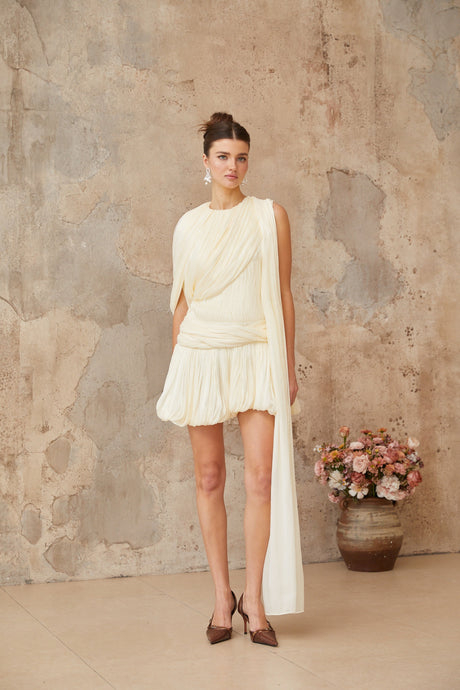 Aurohaya Cyrielle Pleated Mini Dress with Ribbon Design Accent