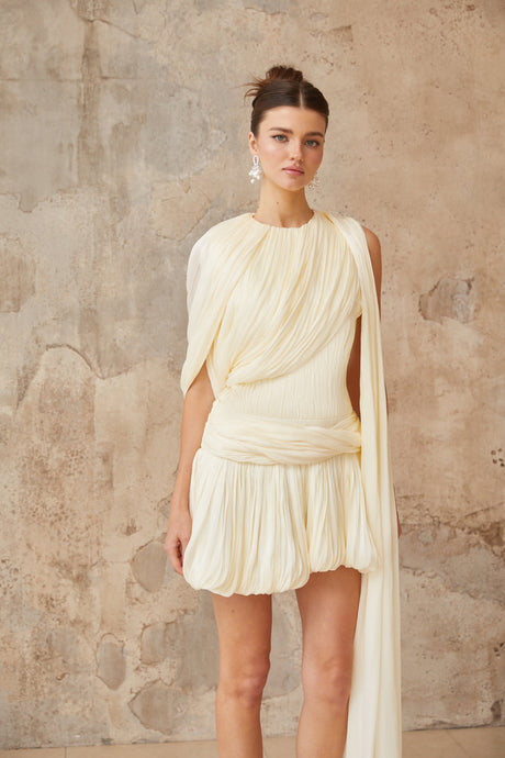 Aurohaya Cyrielle Pleated Mini Dress with Ribbon Design Accent