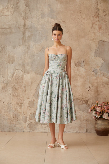 Aurohaya Prunelle sage-green floral-print shirred midi dress