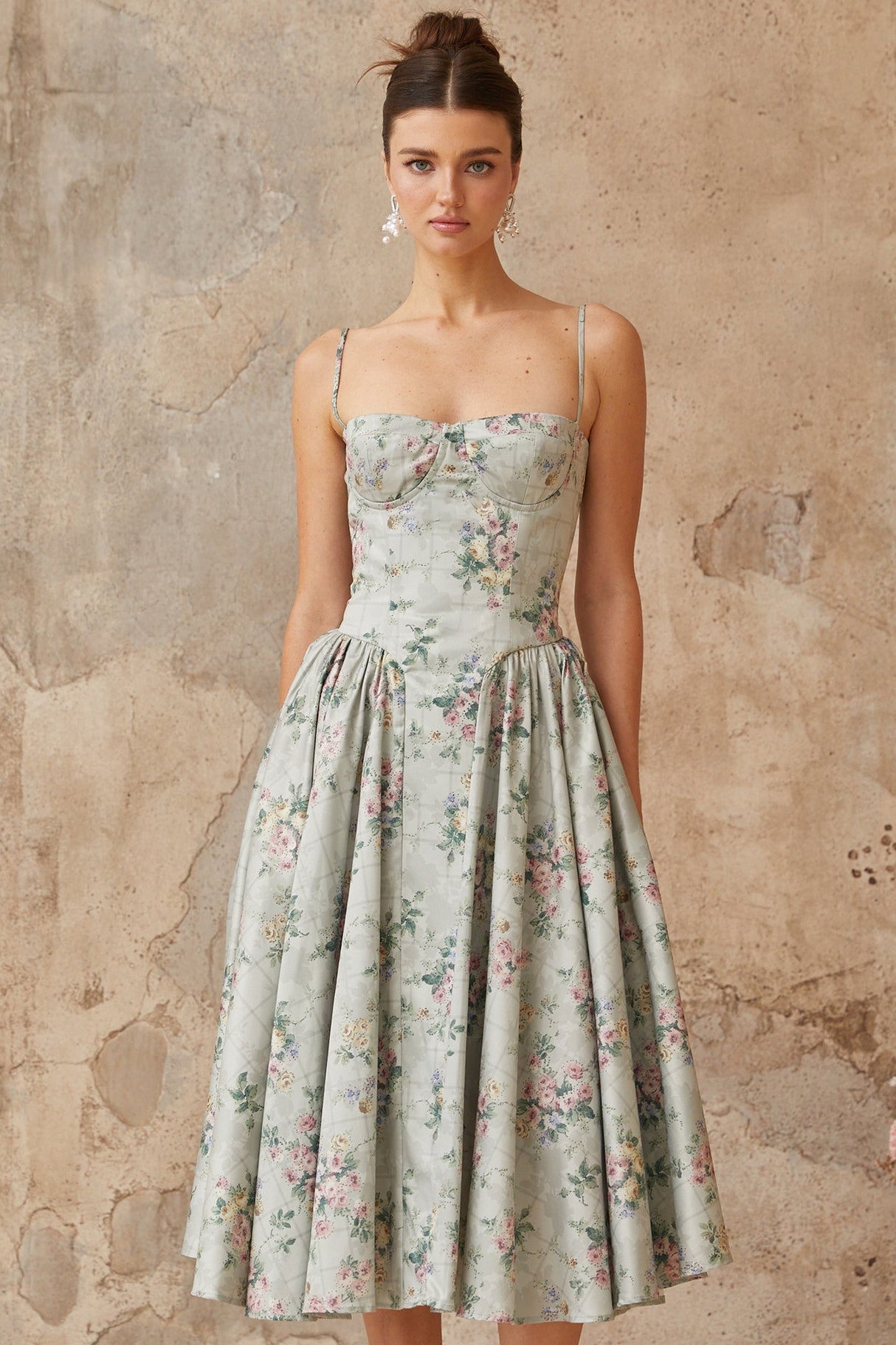 Aurohaya Prunelle sage-green floral-print shirred midi dress